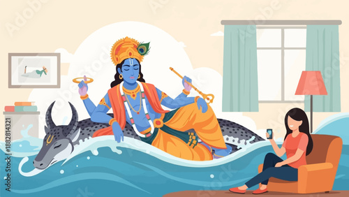 Divine being reclines on mythical creature amidst flood, while woman observes on phone