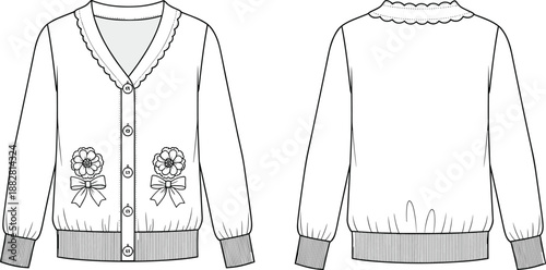 Cardigan sweater sketch, technical fashion illustration, front and back view, scalloped neckline, button down, floral appliqué, ribbon bows, ribbed cuffs