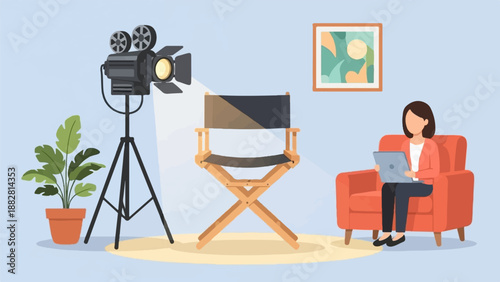 Filmmaking setup with director's chair, spotlight, plant, and seated person with laptop