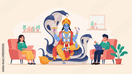 Divine being meditating with cobras, people working on laptops