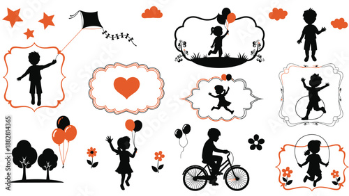 Silhouettes of children playing with kites balloons and bicycles in orange and black