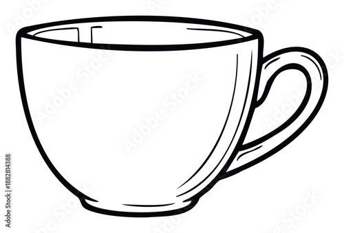 Simple black outline drawing of a ceramic tea cup or coffee mug, perfect for kitchenware catalogs, beverage advertisements, or graphic design projects requiring a clean crockery icon