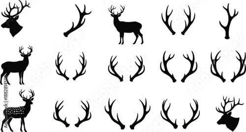 Collection of black deer silhouettes and antler horn shapes including stag heads isolated on white background for wildlife hunting logo vector illustration design
