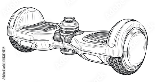 Hand drawn sketch of a self balancing electric scooter for urban transportation, perfect for sports equipment catalogs or modern technology brochures and promotional materials