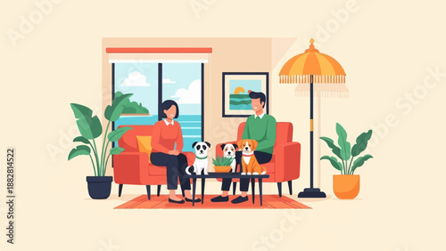 Couple relaxing with three dogs and plants inside
