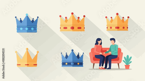 Couple seated on a couch, surrounded by crowns and a plant