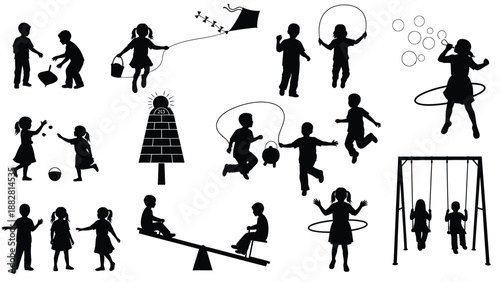 Silhouettes of Children Playing with Various Toys and Activities playground