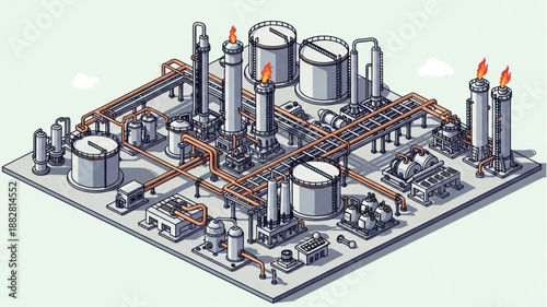 Industrial Oil Refinery Complex with Towers and Tanks.