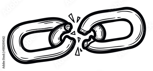 Broken chain link hand drawn illustration representing weakness, freedom, or disconnection perfect for concepts related to breaking free, system failure, or vulnerability