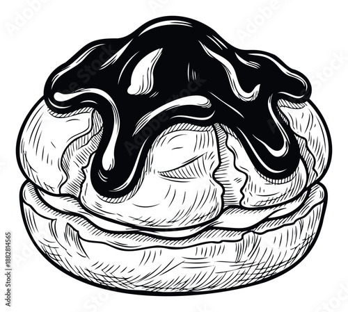 Delicious cream puff dessert with rich chocolate topping depicted in a classic hand drawn sketch style suitable for bakery menus restaurant promotions or sweet treat advertisements