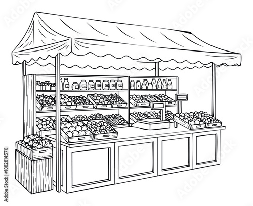 Detailed line drawing of an outdoor market stall showcasing fresh produce like fruits, vegetables, and bottled goods in crates, suitable for educational content or a rustic farm stand theme.