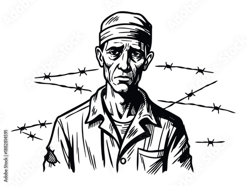 Somber individual in a uniform behind barbed wire conveys themes of hardship and confinement, suitable for educational materials, historical presentations, and awareness campaigns.