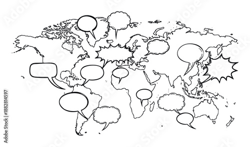 Black outline world map with empty speech bubbles and thought balloons above continents and oceans symbolizing global communication dialogue and worldwide ideas for international concepts