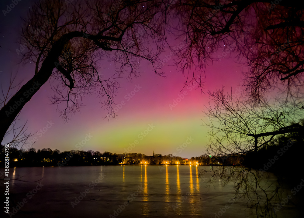 Fototapeta premium Northern Lights over the Swan Pond in Zwickau, Saxony 