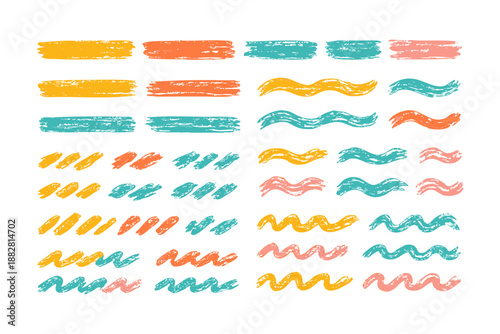 Set of Colorful Hand-Drawn Brush Strokes and Waves.