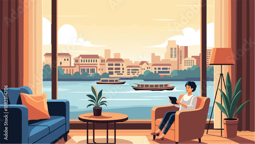 Cozy interior view of a person relaxing with a tablet, overlooking a cityscape with boats on a river