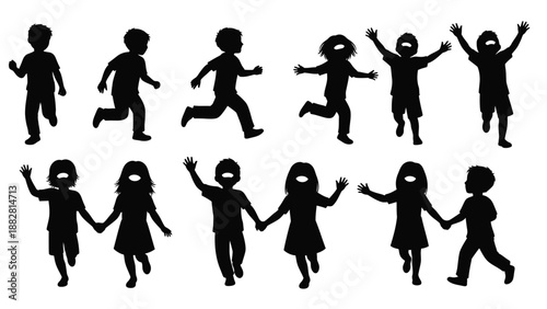 Silhouettes of Children Running and Holding Hands in Various Poses jumping