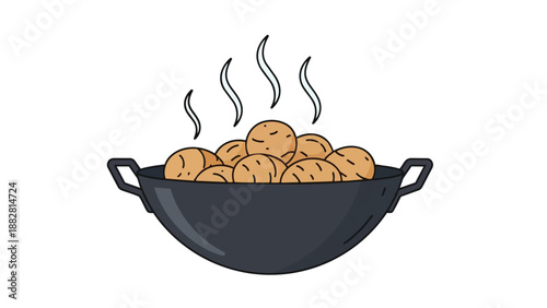 Steaming hot potatoes in a dark pan a comforting culinary illustration perfect for food blogs recipe books or kitchen decor designs this artwork