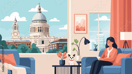 Cozy interior with a woman reading and a dog, overlooking a landmark building