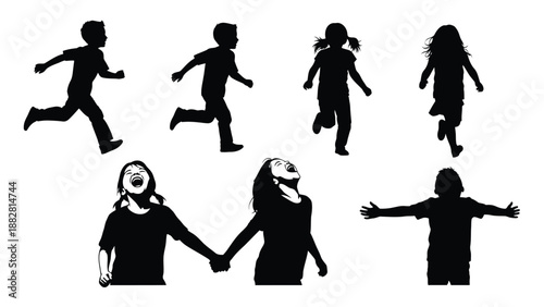 Silhouettes of children running and screaming in fear with arms outstretched