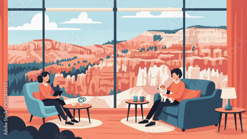 Cozy interior view of two people and a dog with a stunning canyon landscape