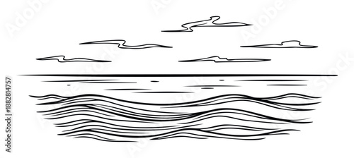 Minimalist outline drawing capturing a tranquil sea horizon with stylized wavy waters and delicate cloud forms suitable for calm scenery or background graphics and peaceful visual themes