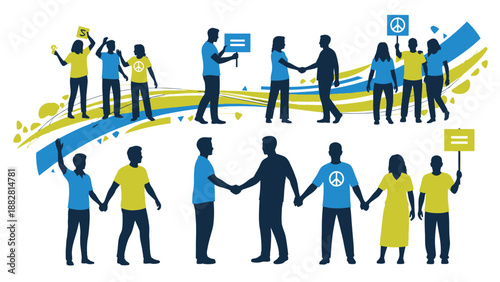 Diverse Group of People Holding Hands and Protest Signs in Flat