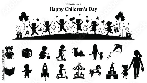 Black and white children's day celebration with kids playing and toys