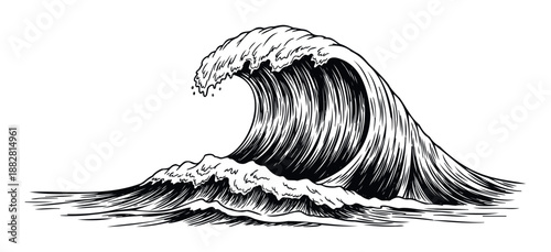 Powerful ocean wave cresting with foamy spray in a striking graphic drawing style perfect for marine themed projects surf sports designs or environmental campaigns