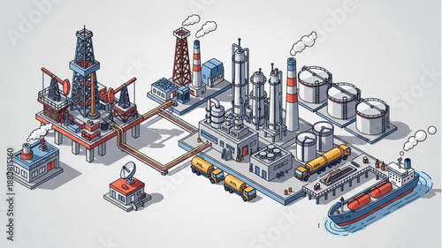 Industrial oil and gas refinery complex with offshore platform and tanker ship illustration.