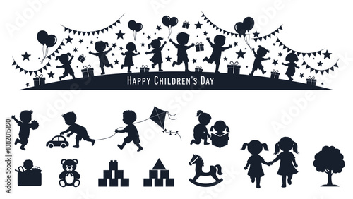 Silhouette Children Celebrating with Balloons and Gifts on White Background silhouettes
