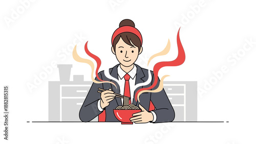Businesswoman Enjoying a Bowl Of Noodles With Steaming Illustration in Vector Format