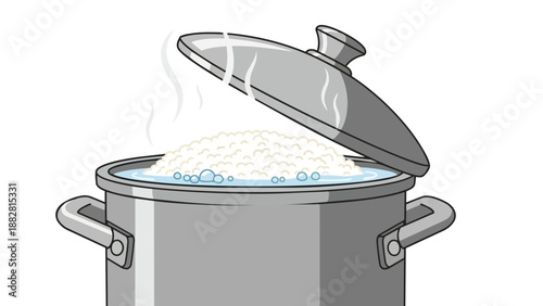 Steaming fluffy grains cooking in a sturdy pot with its lid slightly ajar, releasing a gentle cloud of vapor from the bubbling surface of the