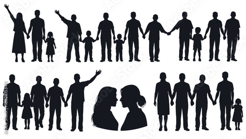 Silhouette Families Holding Hands and Raising Arms in Black Style