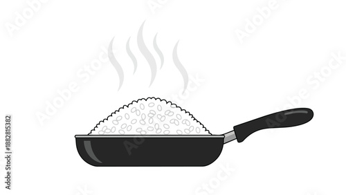 Minimalist graphic illustration of freshly prepared steaming white rice generously piled in a sleek black cooking pan emanating warmth for culinary