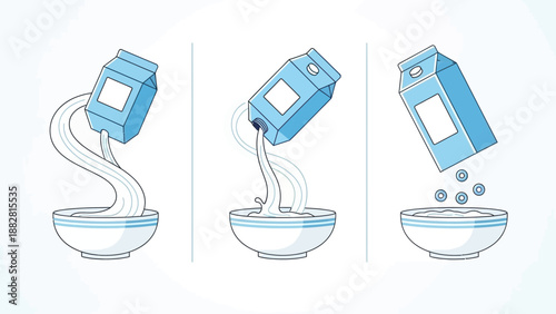 Cartoon Breakfast Preparation With Milk Flowing Into A Bowl Of Cereal Illustration