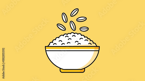 Cartoon Rice Dish With Falling Grains Against A Yellow Background Illustration Design