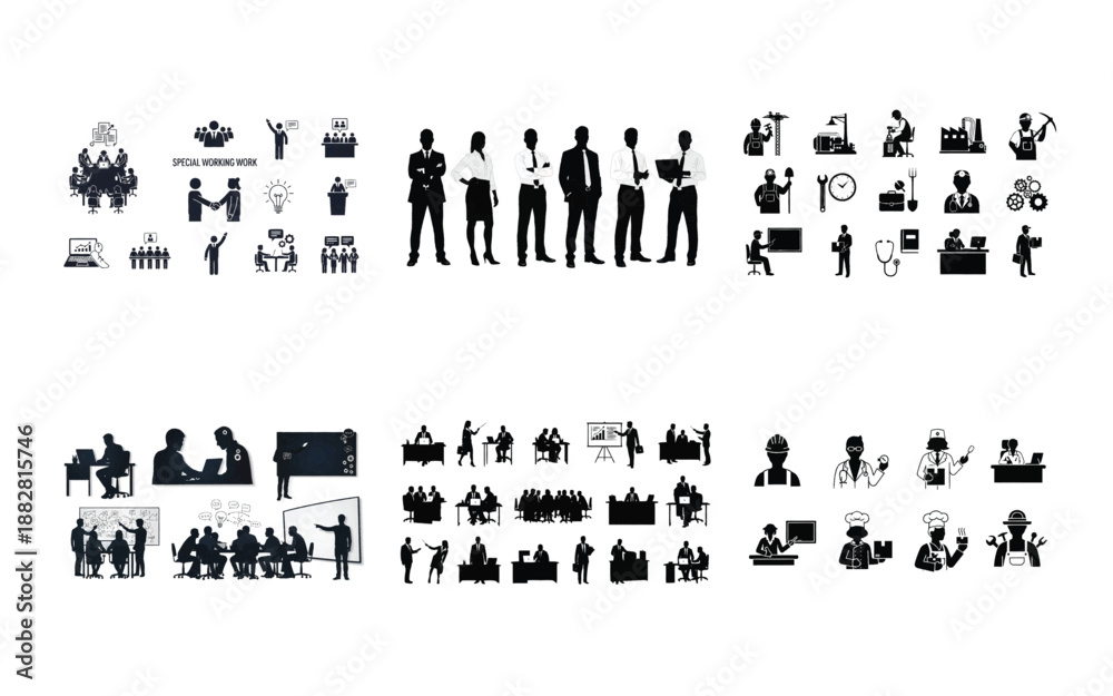 Naklejka premium Black and white of people working in various professions and activities