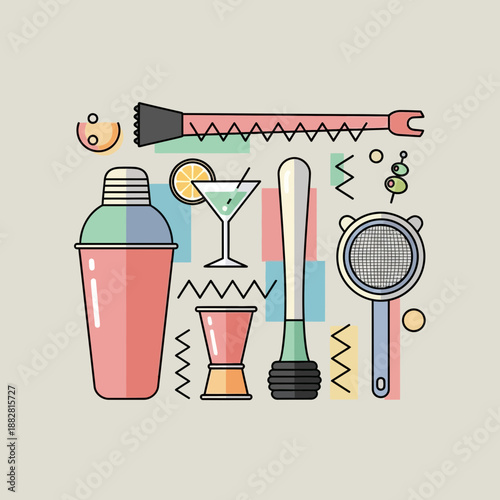 Colorful Cocktail Bar Tools Illustration Depicting Various Mixology Instruments and Accessories
