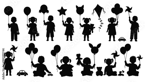 Silhouette Children Holding Balloons and Toys in Black and White