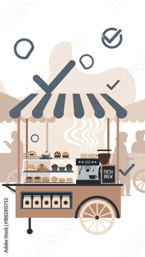 Charming Cafe Cart Illustration Showcasing Fresh Brews And Delicious Baked Goods For Customers