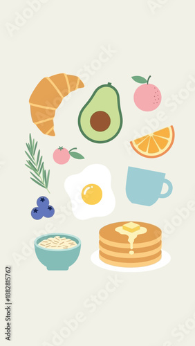 Charming Breakfast Collection Illustrating Diverse Food Items for Culinary Delights and Morning