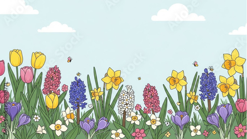 Spring Flowers Meadow Garden Border Illustration.