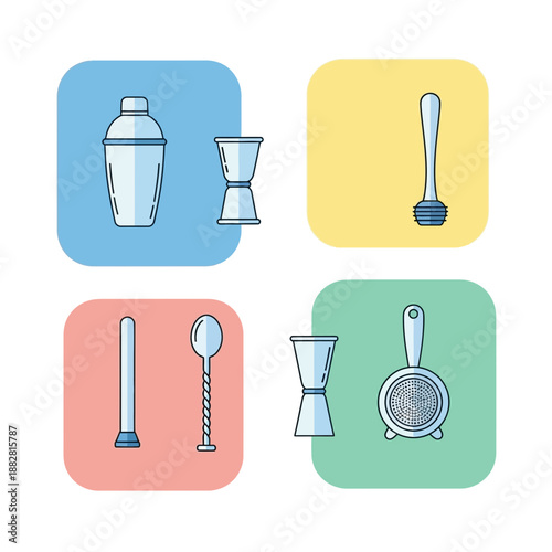 Colorful Cocktail Tools Illustrations Set Against Vibrant Backgrounds Ready For Creative Use