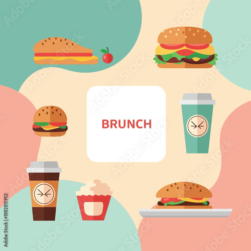 Colorful Illustrated Brunch Feast Featuring Sandwiches, Burgers, and Coffee for Enjoyment