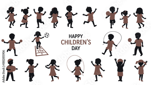 Silhouette Children Playing and Celebrating Childrens Day silhouettes jumping