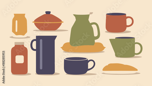 Colorful Illustration of Various Kitchenware Vessels with a Retro Mid-Century Design