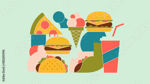 Colorful Minimalist Illustration Depicting Various Common And Familiar Fast Food Items