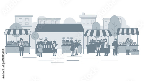 Community Market Scene Depicting Commerce And Interaction Among Vendors And Patrons