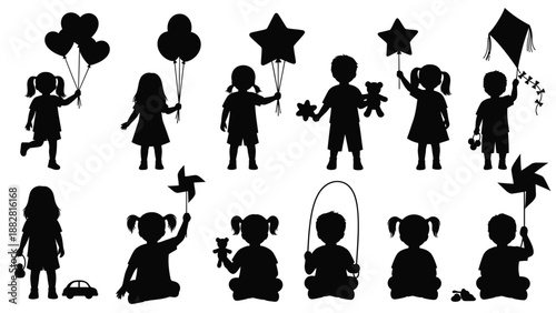 Silhouette Children Playing with Toys and Balloons kids